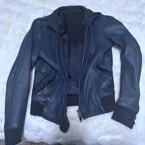 RARE S.W.O.R.D. Navy Blue Leather Bomber Jacket - Size M  (Authentic, Vintage)